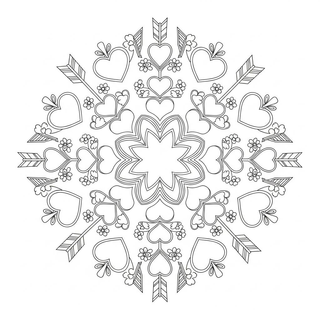 Alla hjärtans dag mandala målarbild för vuxna med romantiskt och detaljerat motiv