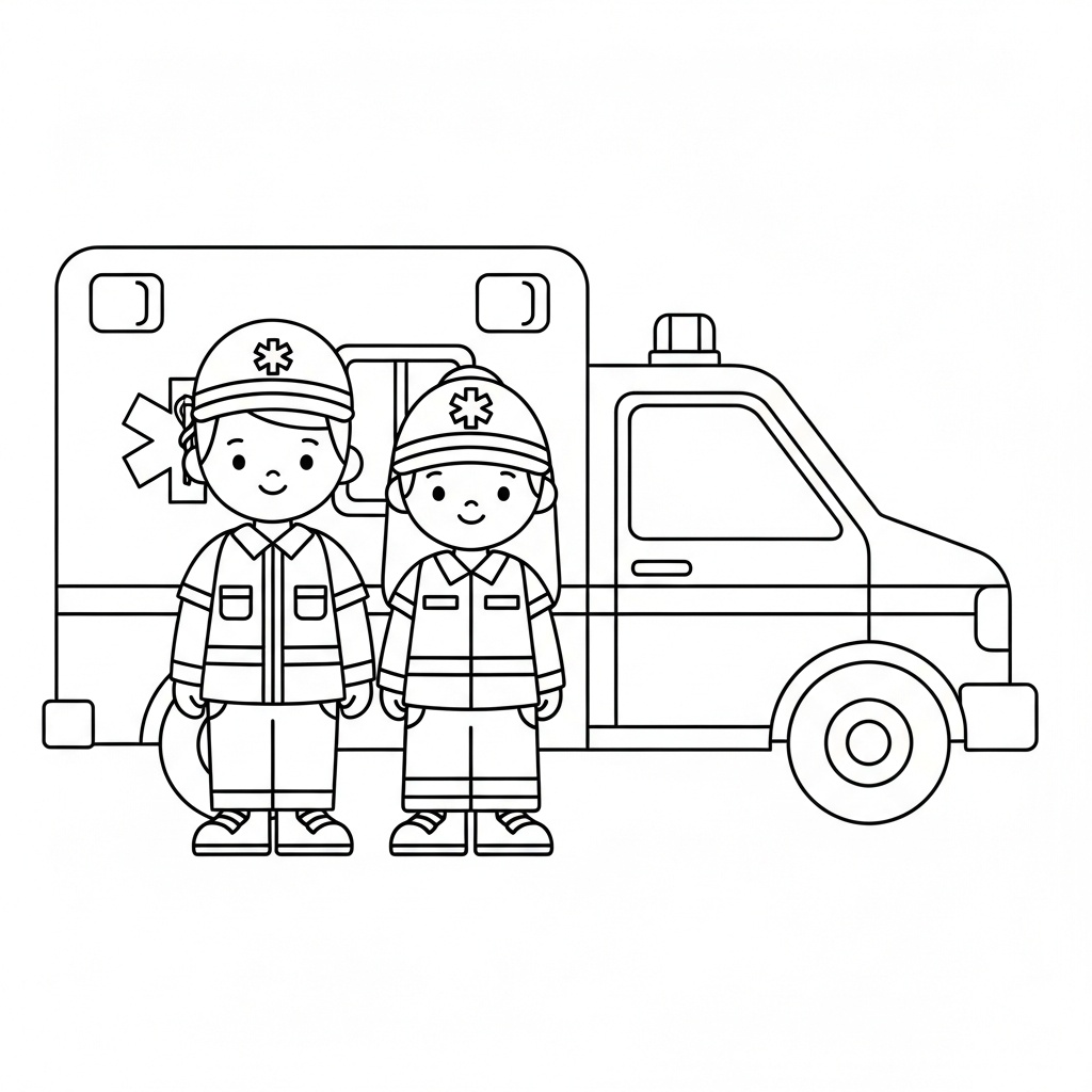 Ambulanser vid ambulansbil – utskrivbar målarbild