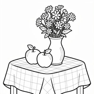 Äppelstilleben med vas och blommor