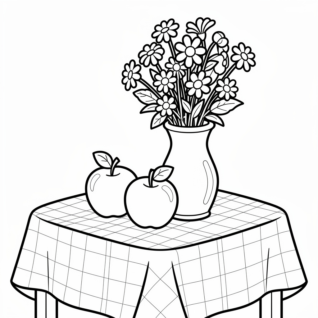 Äppelstilleben med vas och blommor