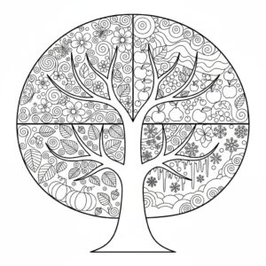 Årstid zentangle: träd med fyra årstider för vuxna