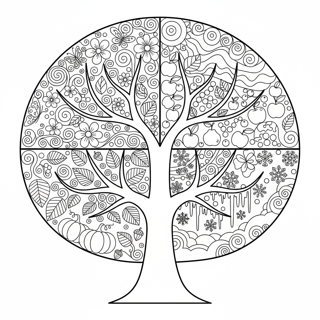 Årstid zentangle: träd med fyra årstider för vuxna