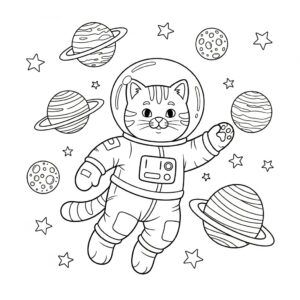 Astronautkatt bland stjärnorna i rymddräkt