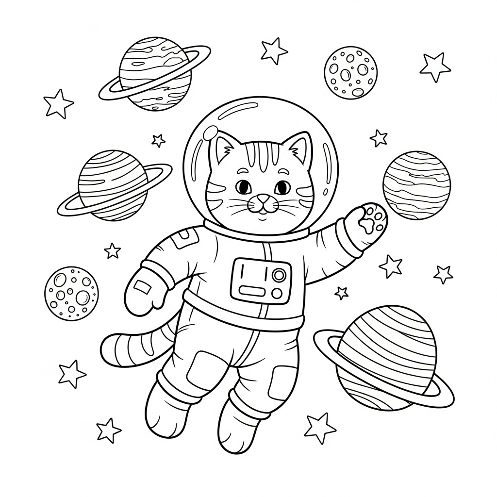 Astronautkatt bland stjärnorna i rymddräkt
