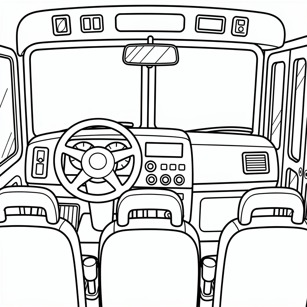 Bussens insida med säten och ratt