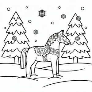 Dalahäst i ett vintrigt snölandskap