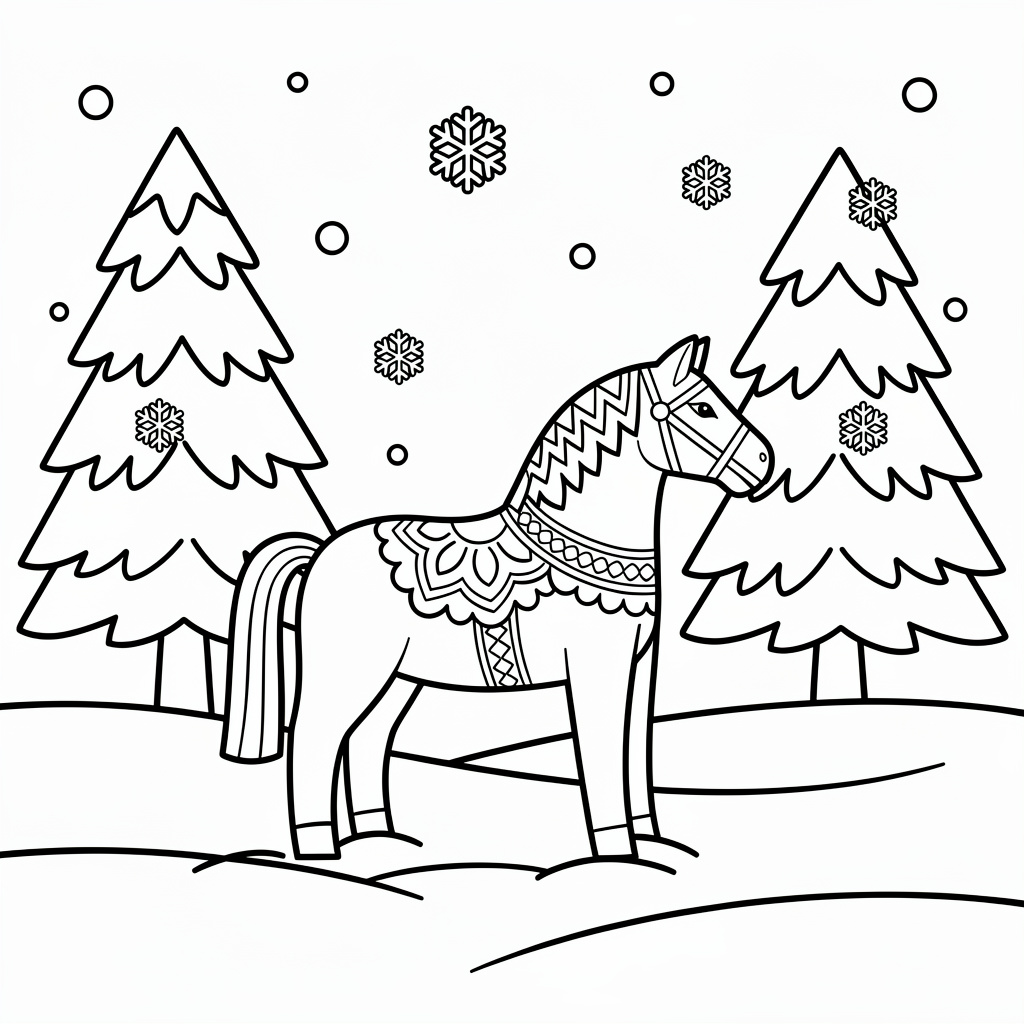 Dalahäst i ett vintrigt snölandskap