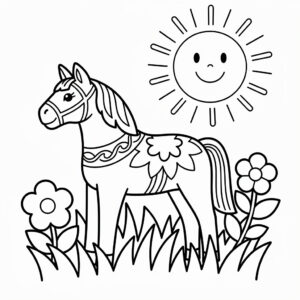 Dalahäst på en blommig äng