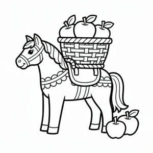 Dalahäst som bär på en korg mit äpplen