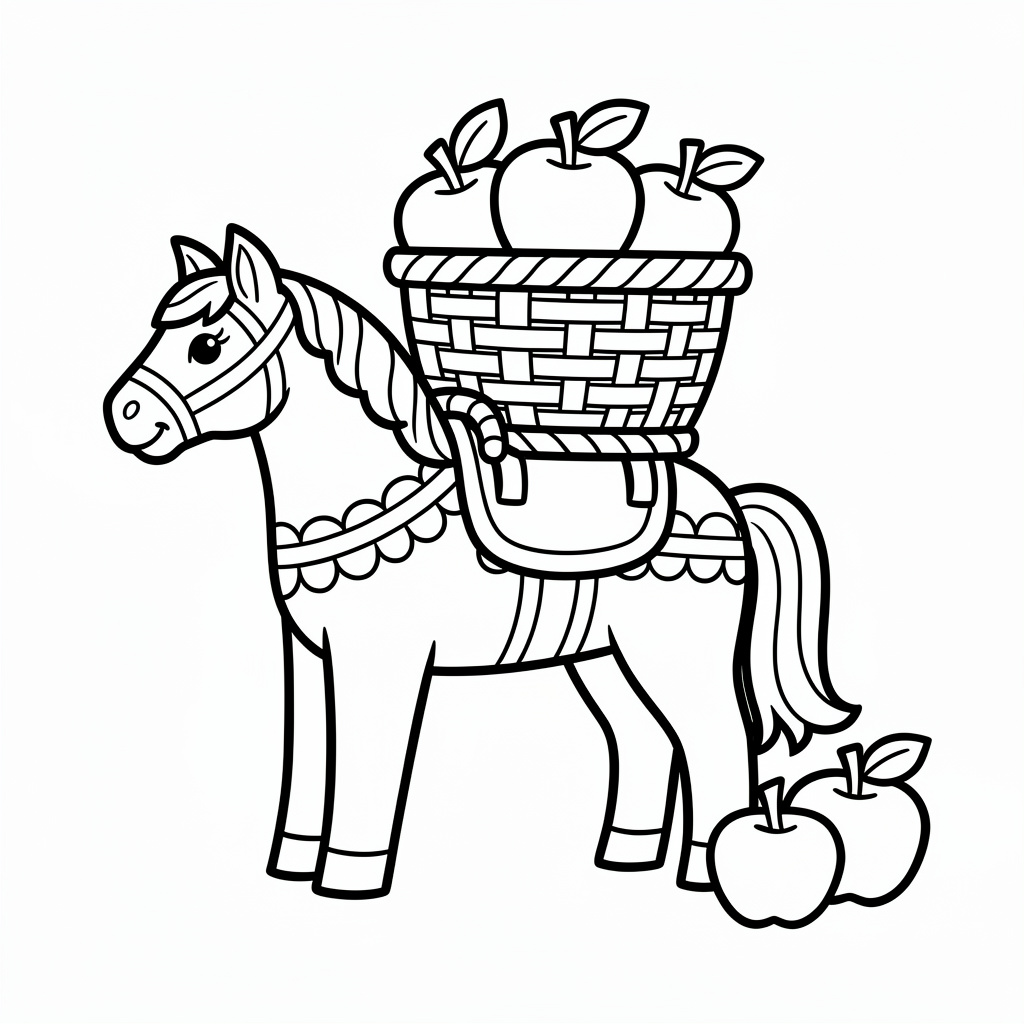 Dalahäst som bär på en korg mit äpplen