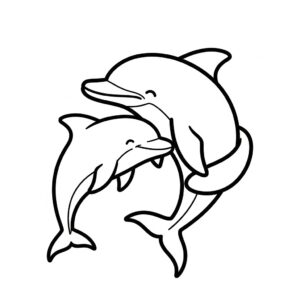 Delfin och bebis kramas bland blå vågor