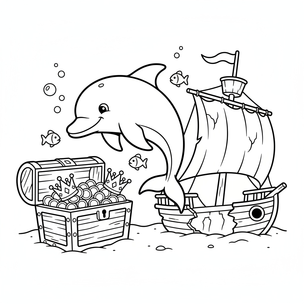 Delfin vid en skattkista vid det sjunkna skeppsvraket