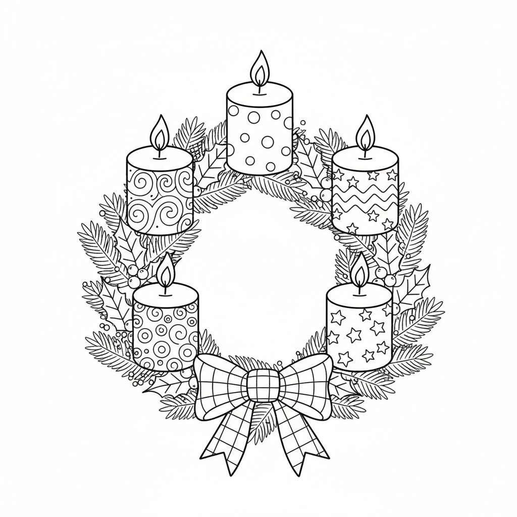 Detaljerad adventskrans med zentanglemönster att färglägga