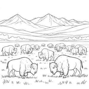 Detaljerad bisonhjord i prärie-dalen