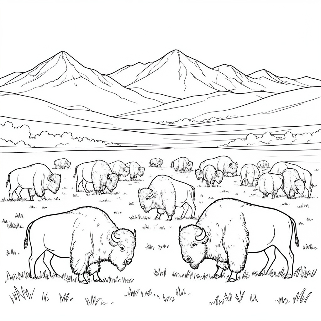 Detaljerad bisonhjord i prärie-dalen