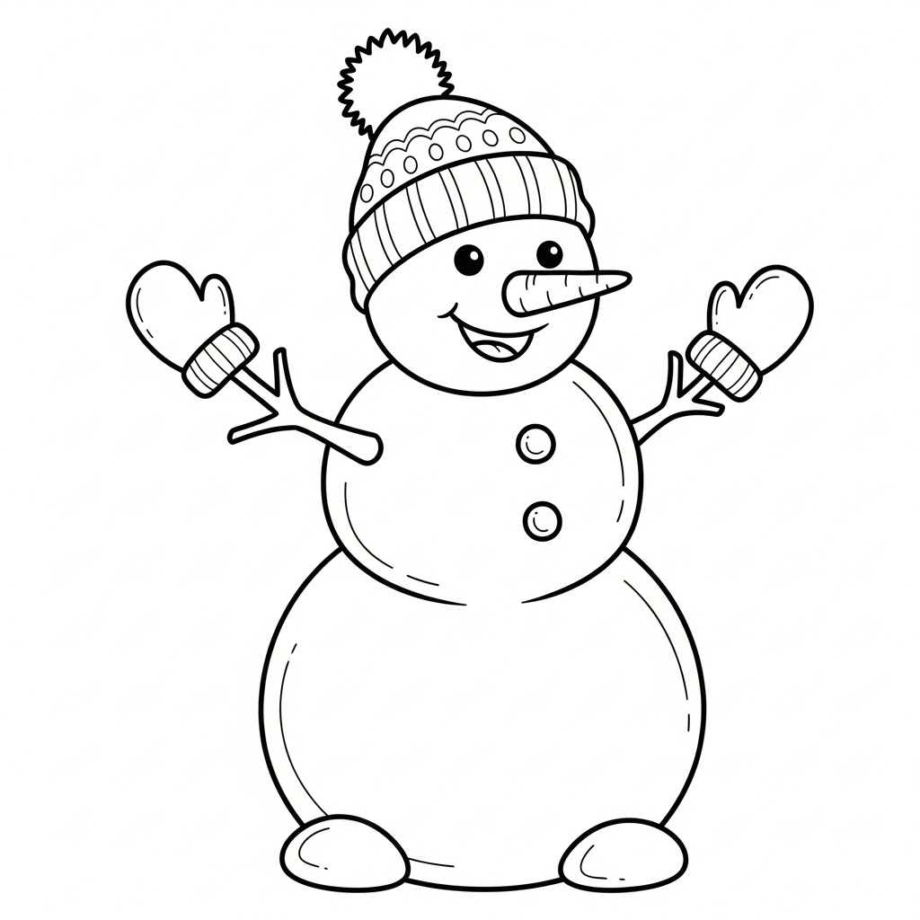 Detaljerad målarbild: Snögubbe med vantar och hatt
