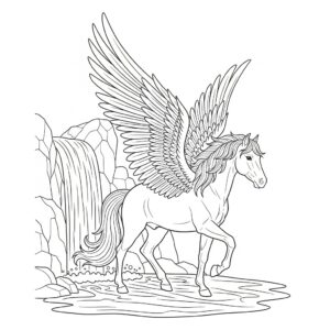 Detaljerad pegasos vid vattenfallet för skolbarn