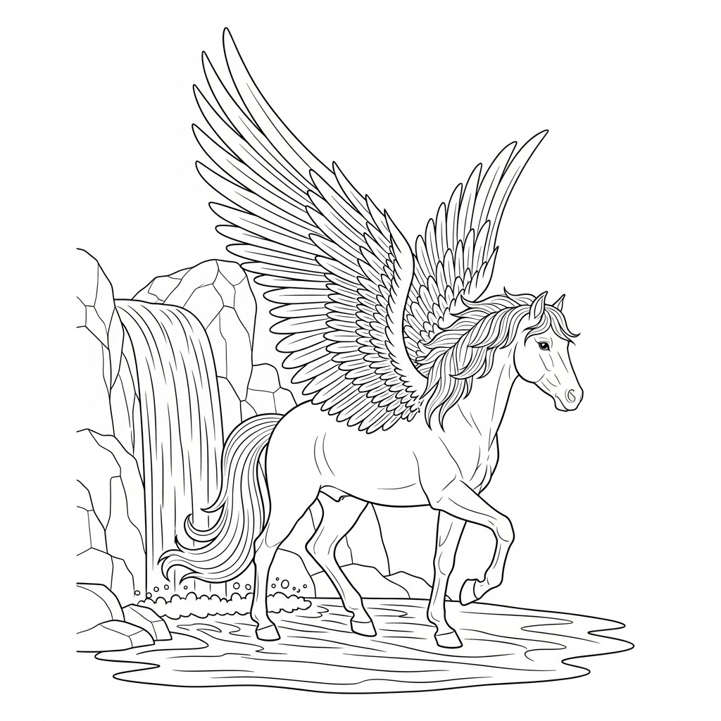 Detaljerad pegasos vid vattenfallet för skolbarn