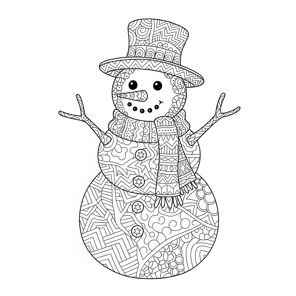 Detaljerad snögubbe med zentangle-mönster att färglägga