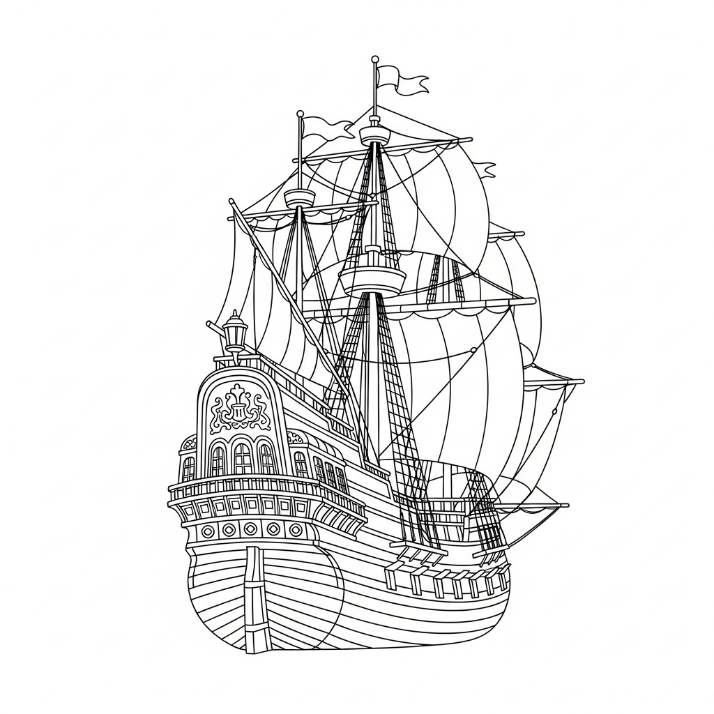 Detaljerad spansk galeon på öppet hav