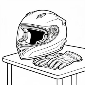 Detaljerad teckning av motorcykelhjälm och handskar