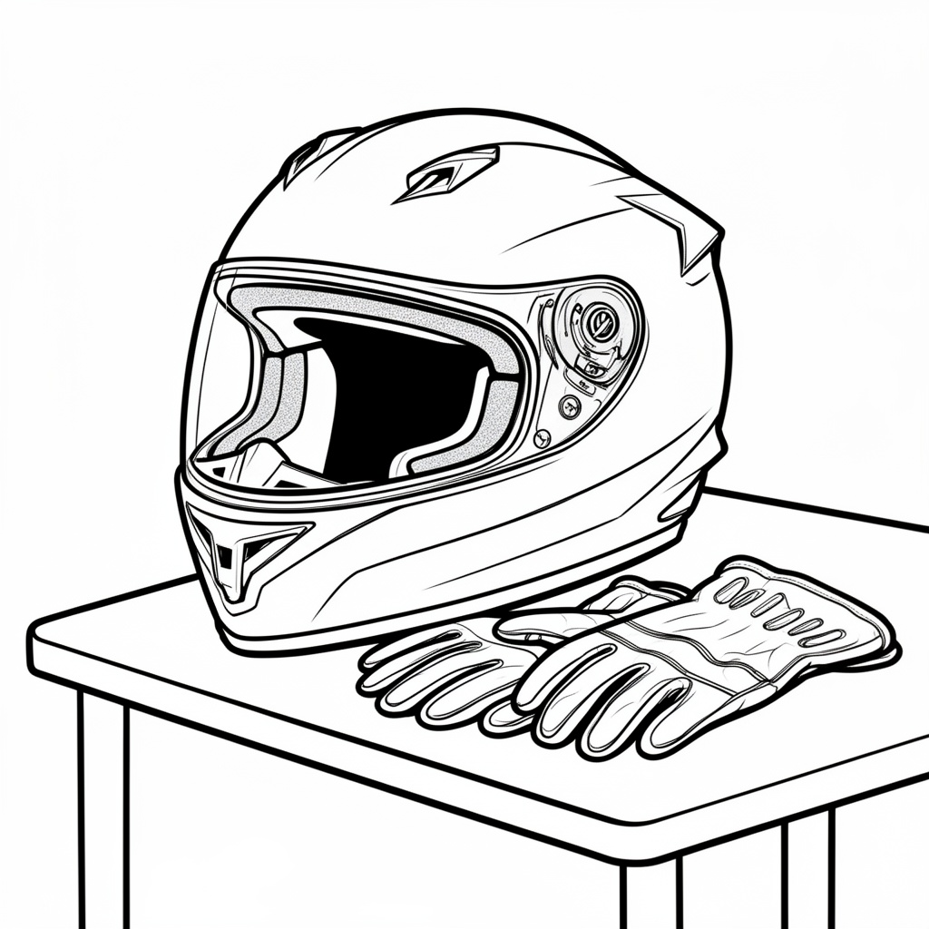 Detaljerad teckning av motorcykelhjälm och handskar