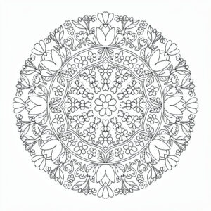 Detaljerad vårmandala med blommor och rankor att färglägga