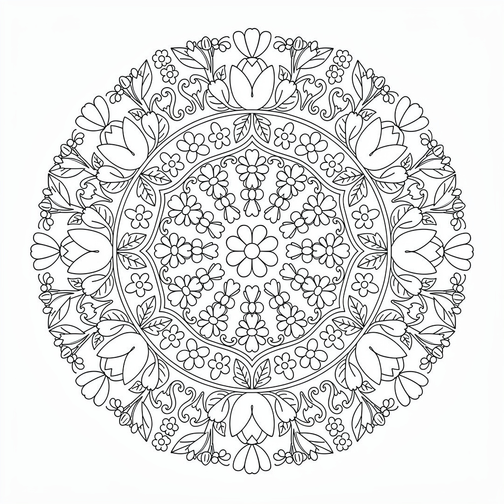 Detaljerad vårmandala med blommor och rankor att färglägga