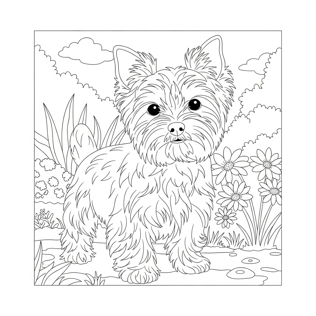 Detaljerad yorkshireterrier valp målarbild för skolbarn