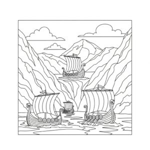 Detaljerat vikingalandskap med fjord och båtar