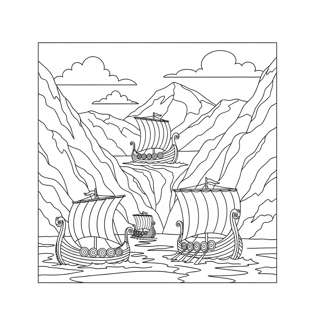 Detaljerat vikingalandskap med fjord och båtar