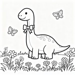 Dinosaurie med rosett på blommande äng