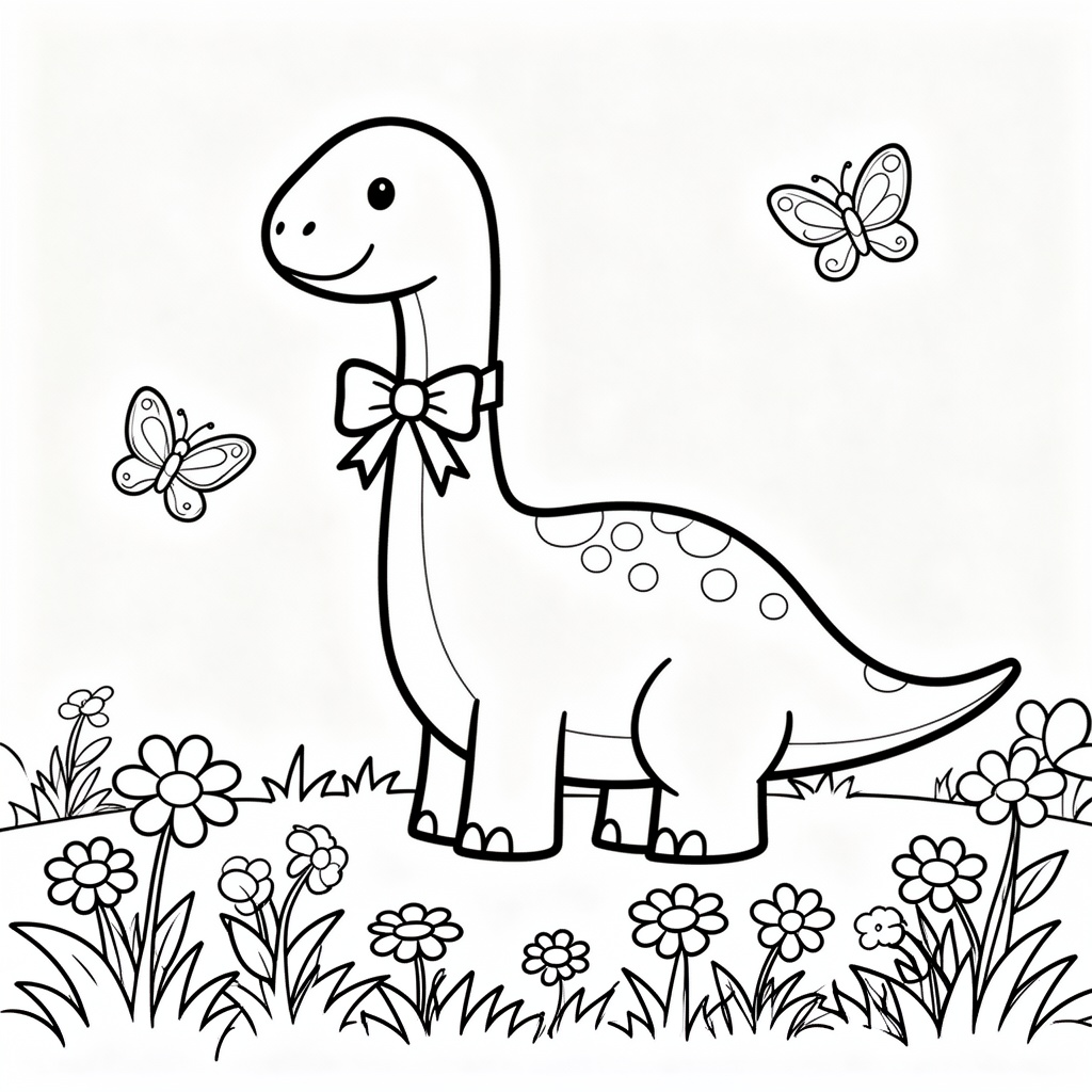 Dinosaurie med rosett på blommande äng