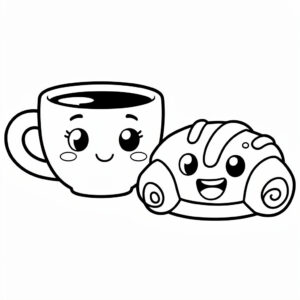 En söt kaffekopp och en kanelbulle