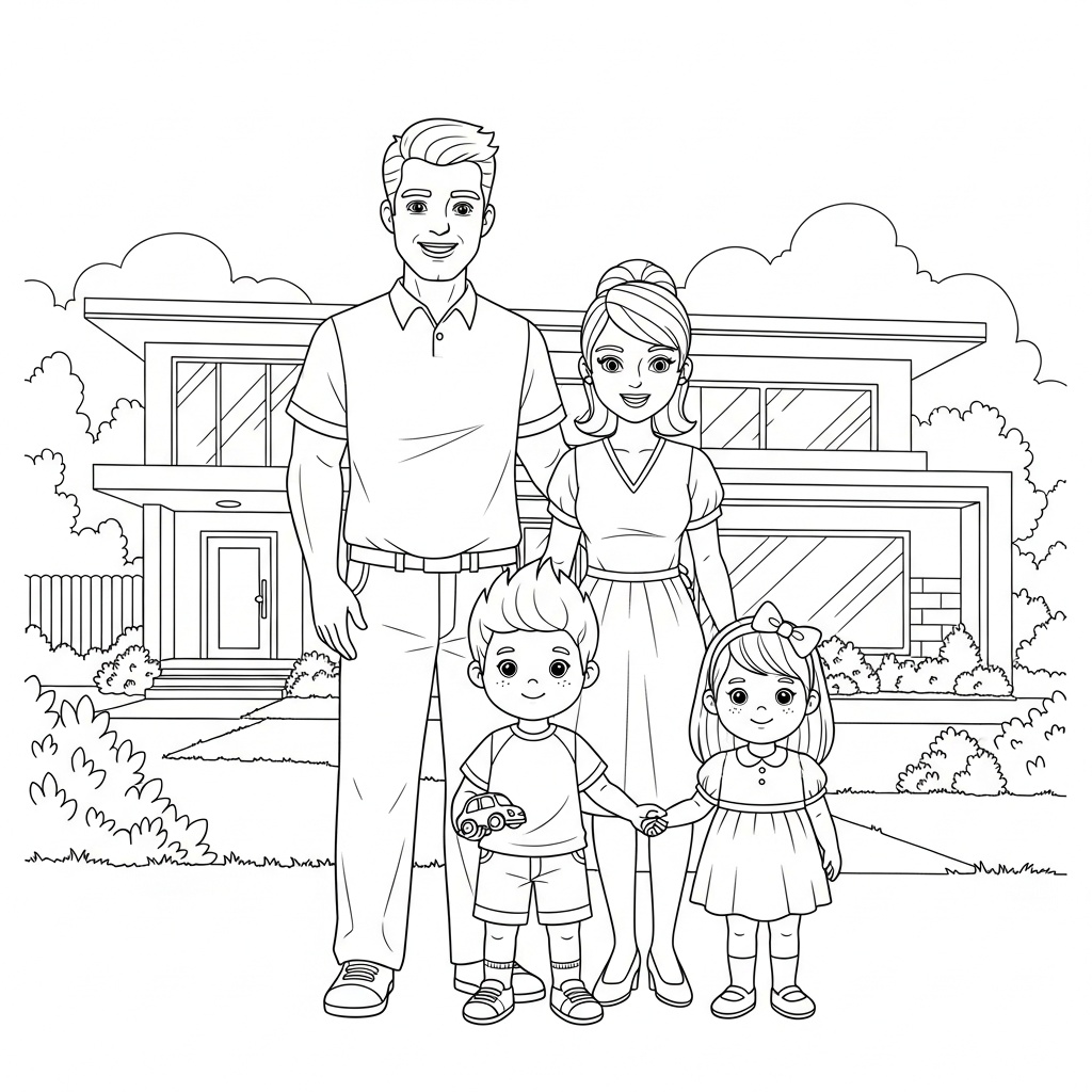 Familjemedlemmar framför det nya huset för skolbarn