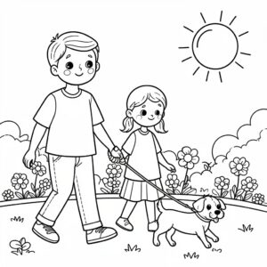 Familjens hundpromenad i parken målarbild