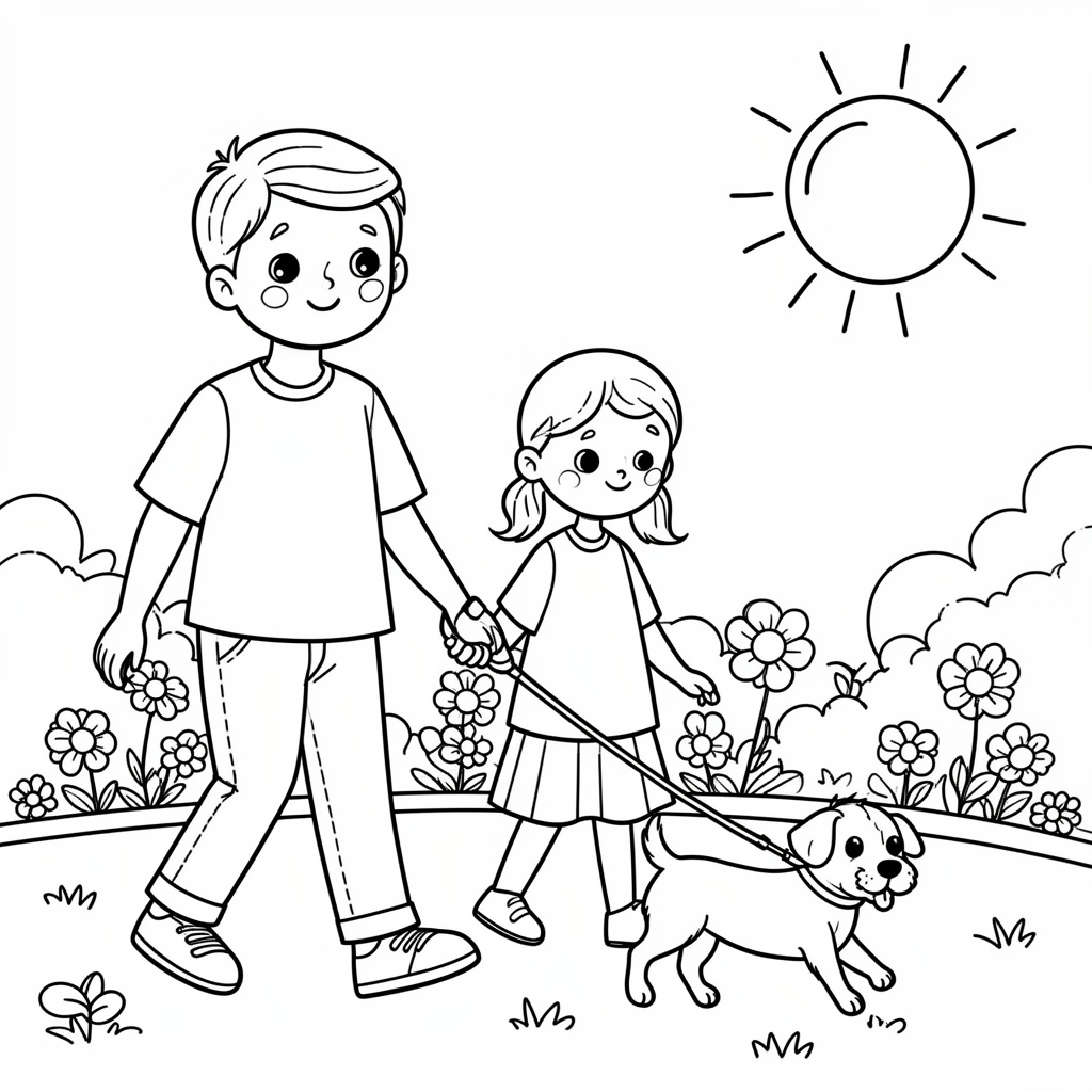 Familjens hundpromenad i parken målarbild