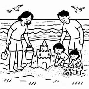 Familjesemester vid stranden målarbild