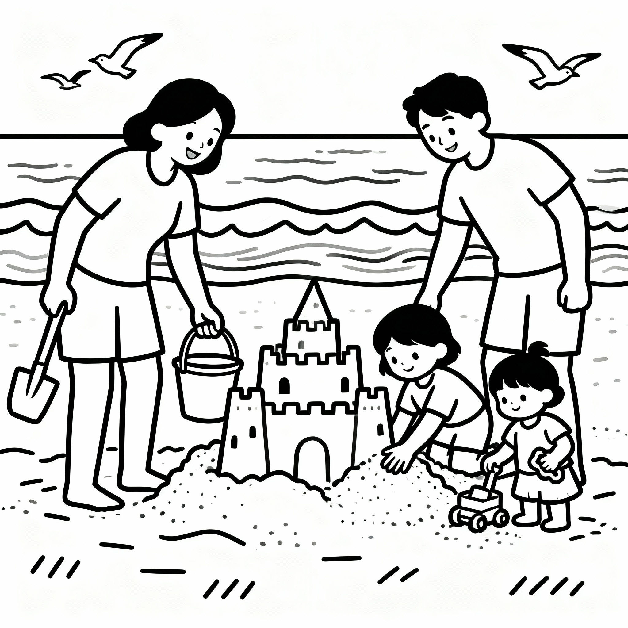 Familjesemester vid stranden målarbild