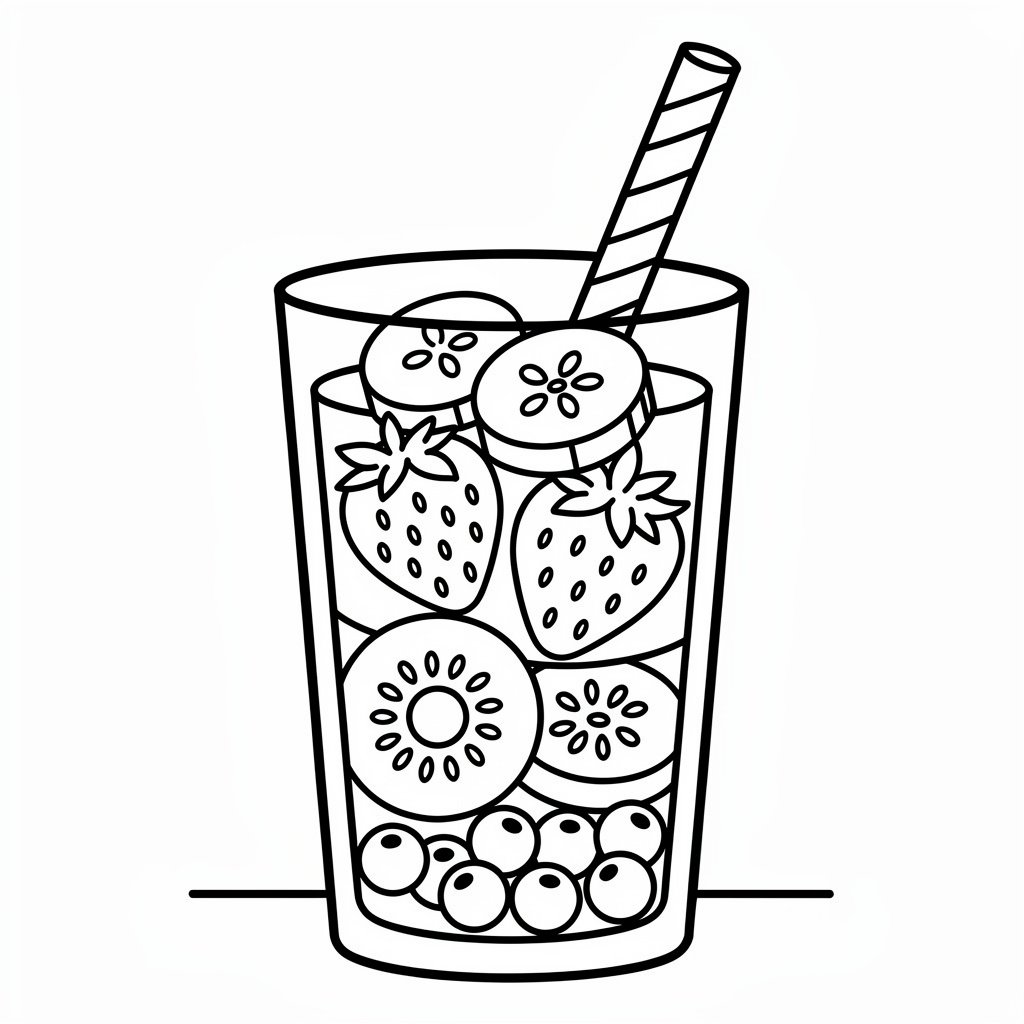 Färgläggningssida med drycker för skolbarn: fruktig smoothie