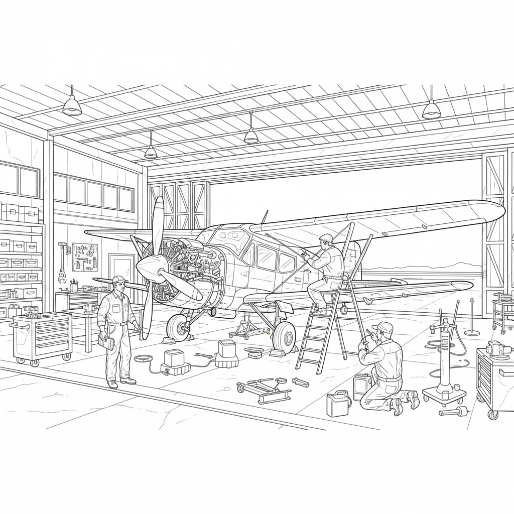 Flygplan under reparation i hangar