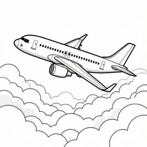 Flygplans målarbild – detaljerad teckning av ett flygplan ovanför molnen