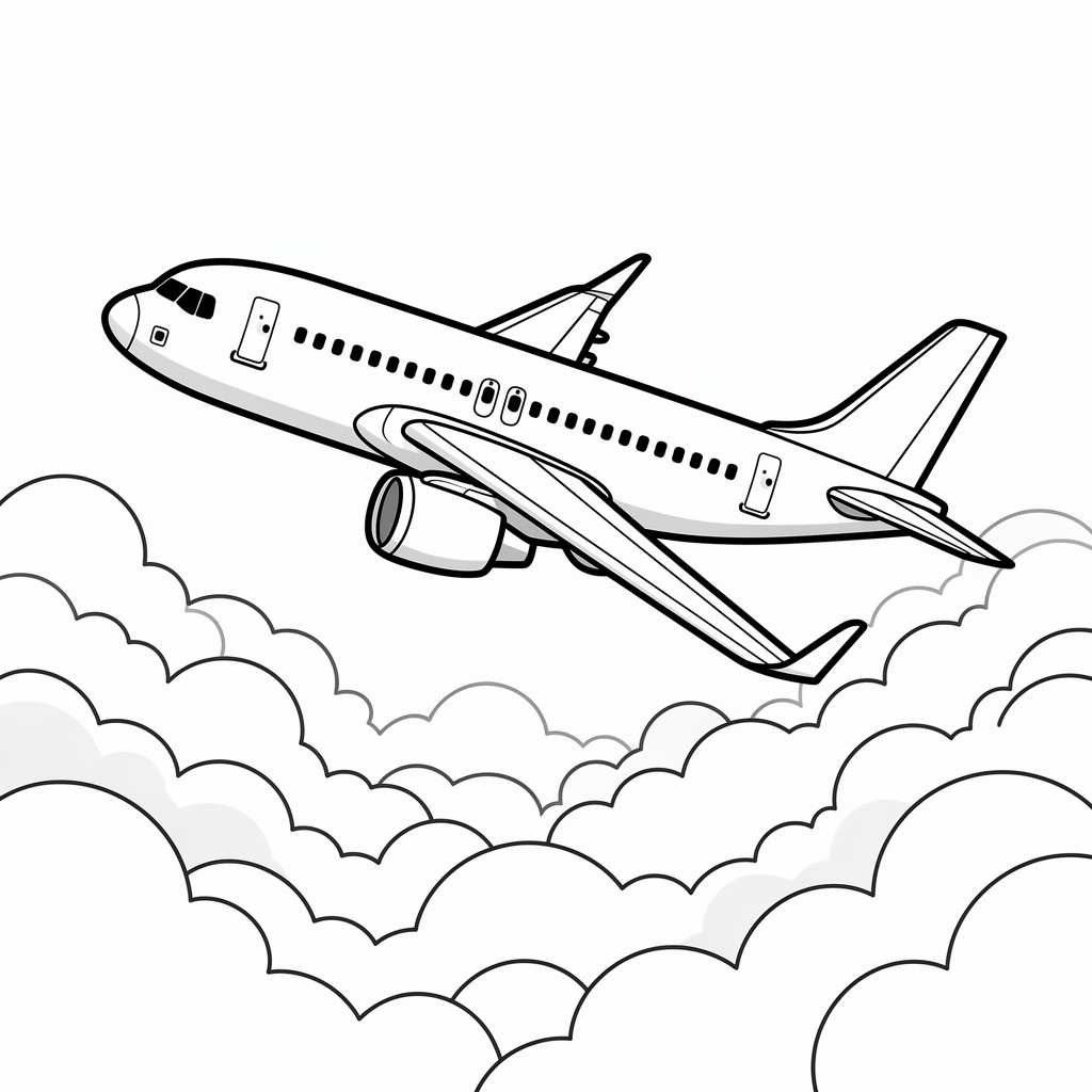 Flygplans målarbild – detaljerad teckning av ett flygplan ovanför molnen