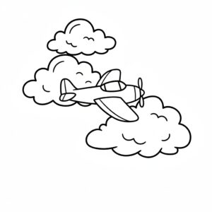 Flygplans målarbild för barn – enkel och söt målarbild med flygplan bland moln