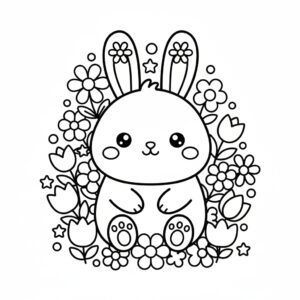 Glad kanin bland blommor kawaii målarbild