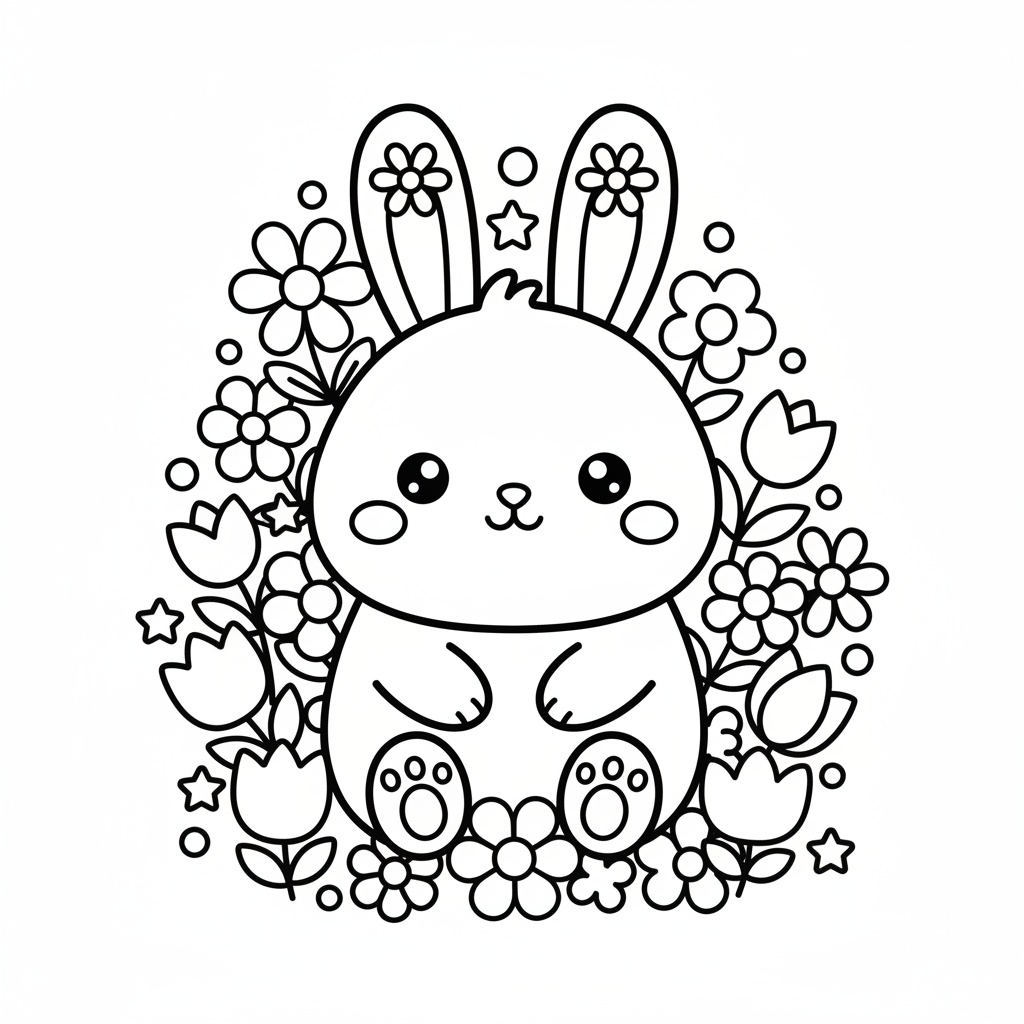 Glad kanin bland blommor kawaii målarbild