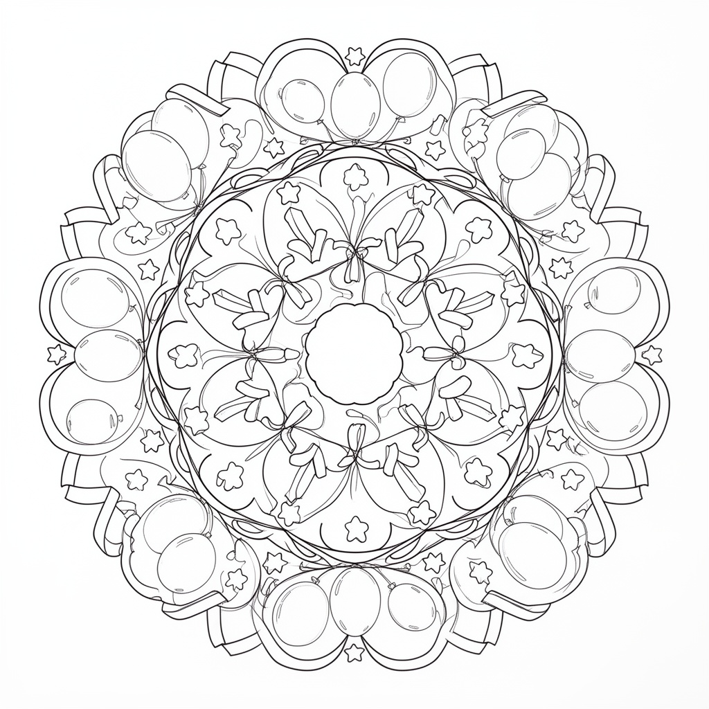 Glad, rund mandala med ballonger och stjärnor