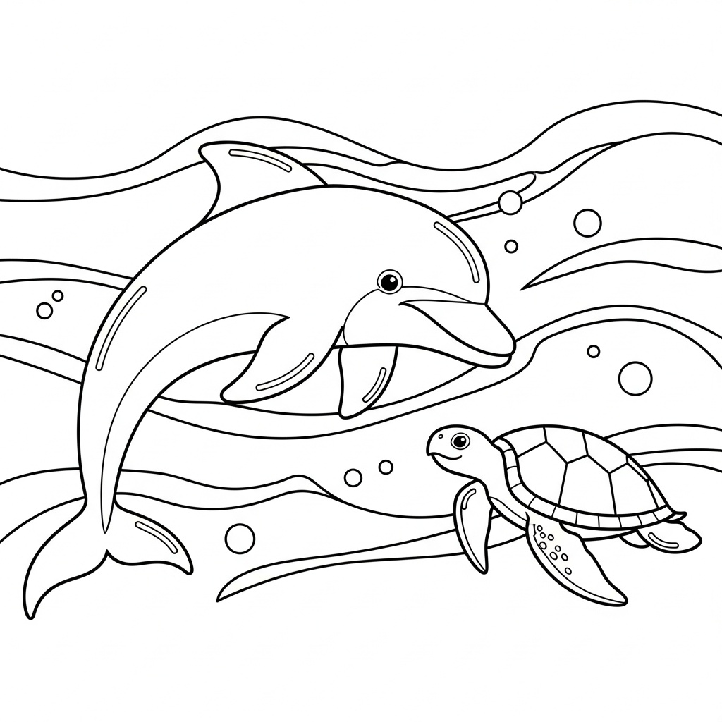 Gratis delfin målarbild med vänlig sköldpadda