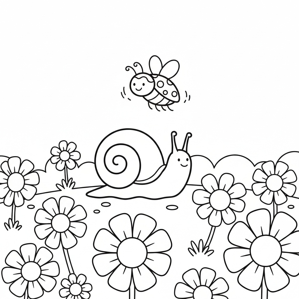 Gratis långsam snigel teckning på blommande äng
