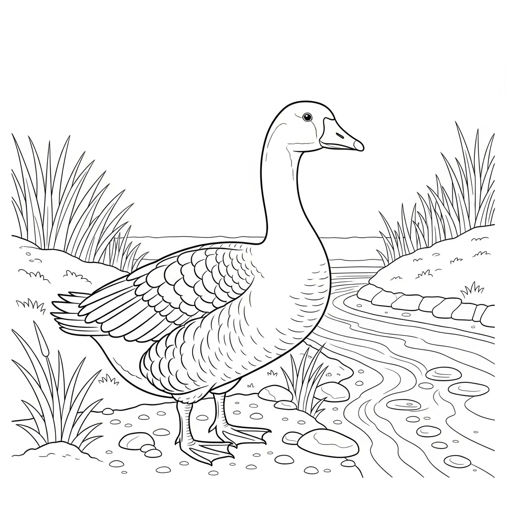 Gratis utskrivbar gås målarbild vid bäckkanten